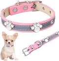 Reflective leather dog collar with paw rivets and metal buckle in adjustable sizes for dogs