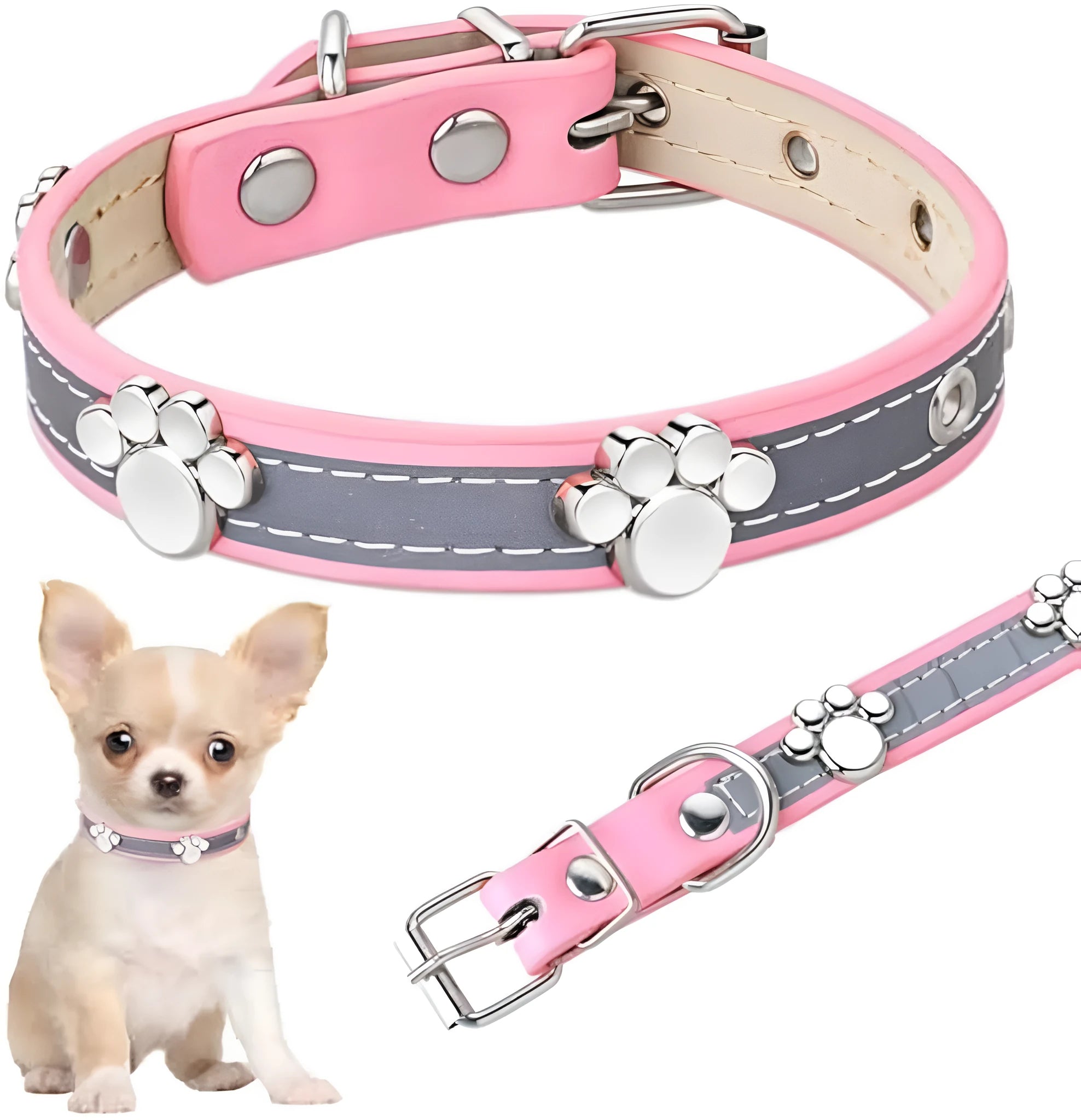Reflective leather dog collar with paw rivets and metal buckle in adjustable sizes for dogs