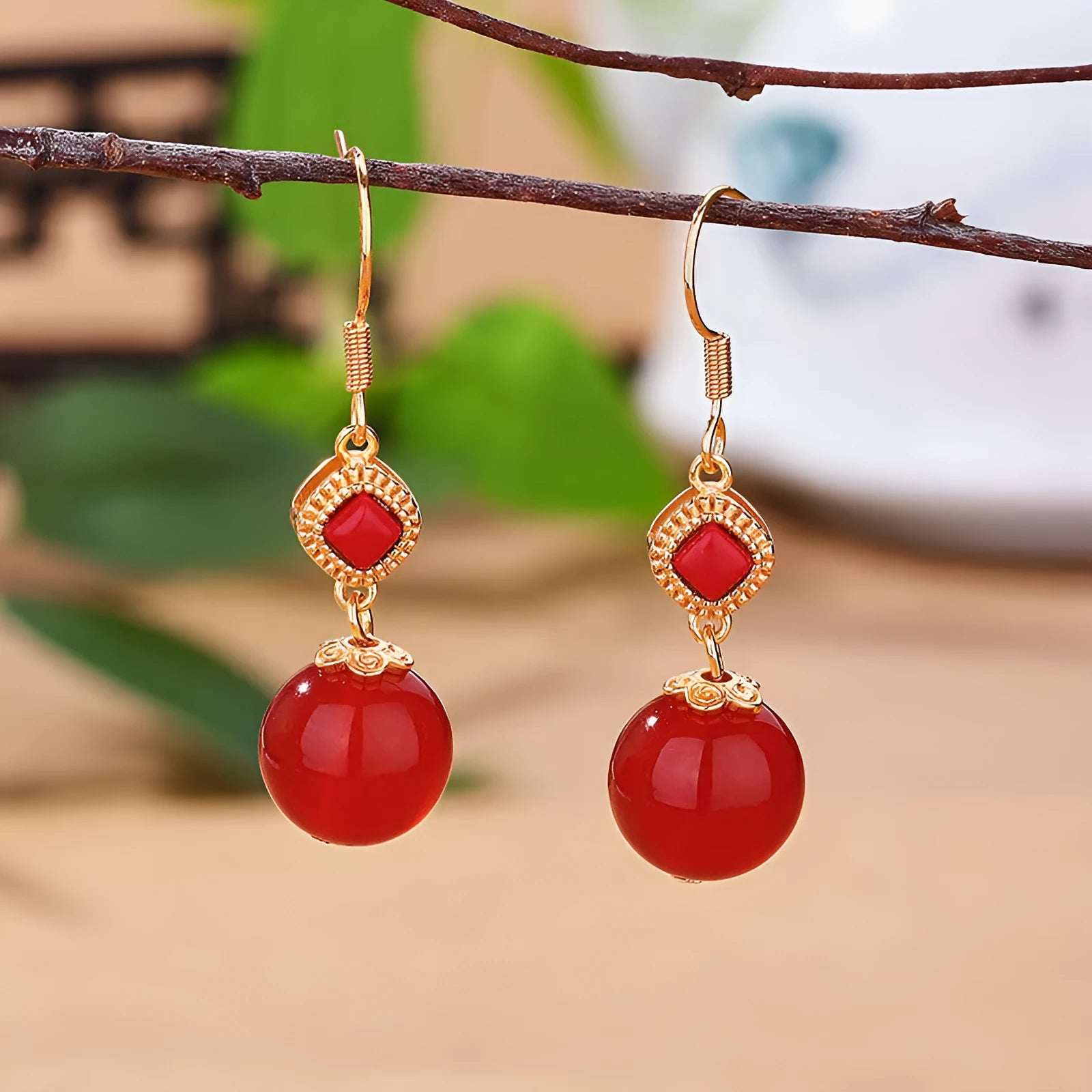 Geometric agate earrings with Southern Red Agate round beads and S925 silver inlay on copper alloy.