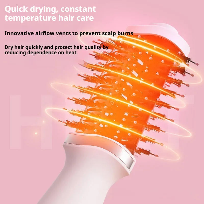 Pink YZM-8015 multifunctional hair dryer with attached comb and curling comb on a white background.