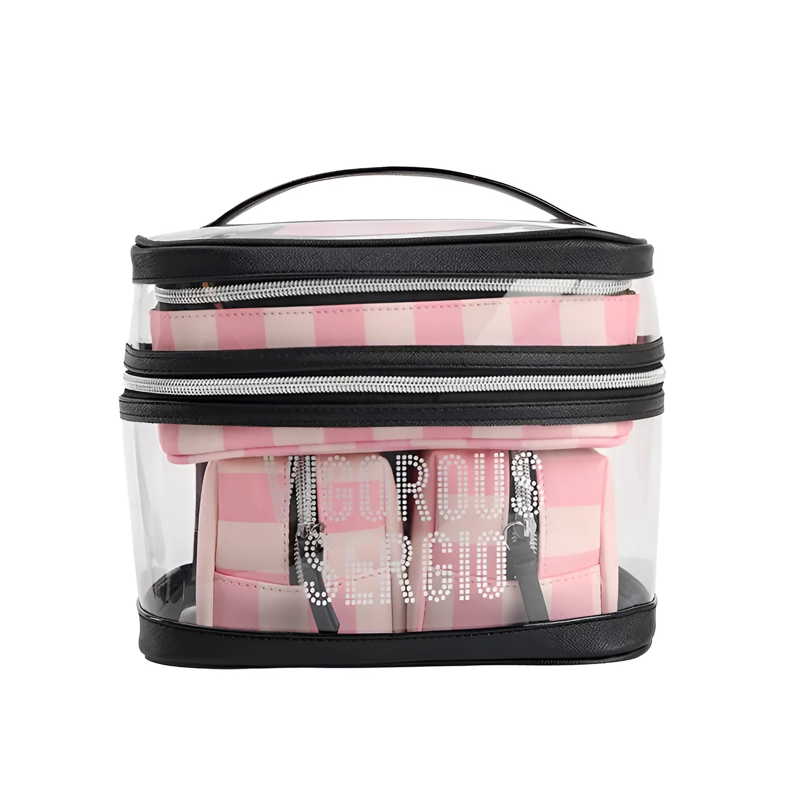 Floral pattern pink striped waterproof makeup bag with synthetic leather exterior