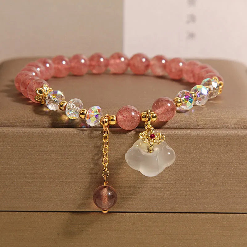 Women's strawberry quartz and white agate crystal bracelet with auspicious cloud charms