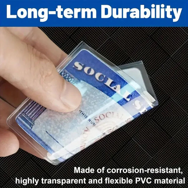 Clear PVC ID card holder protecting a social security card, shown at 9.7 by 5.9 centimetres.