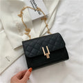 Women's diamond lattice chain crossbody bag in black, white, or green with adjustable strap
