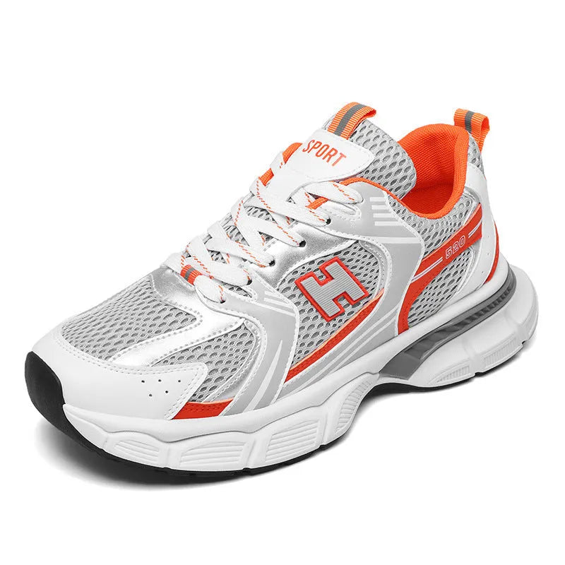 Men's solid colour mesh running shoes with a plastic sole, shown in black, white and grey, and white and orange.
