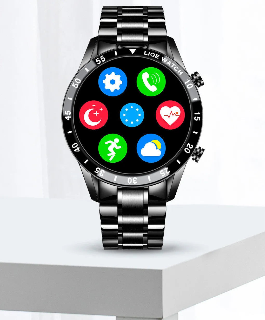 Smart watch with stainless steel wristband and 1.3 inch screen showing step count display