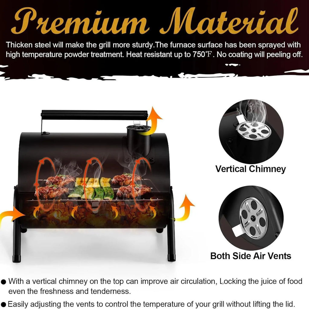 Small folding desktop charcoal barbecue grill showing compact portable design