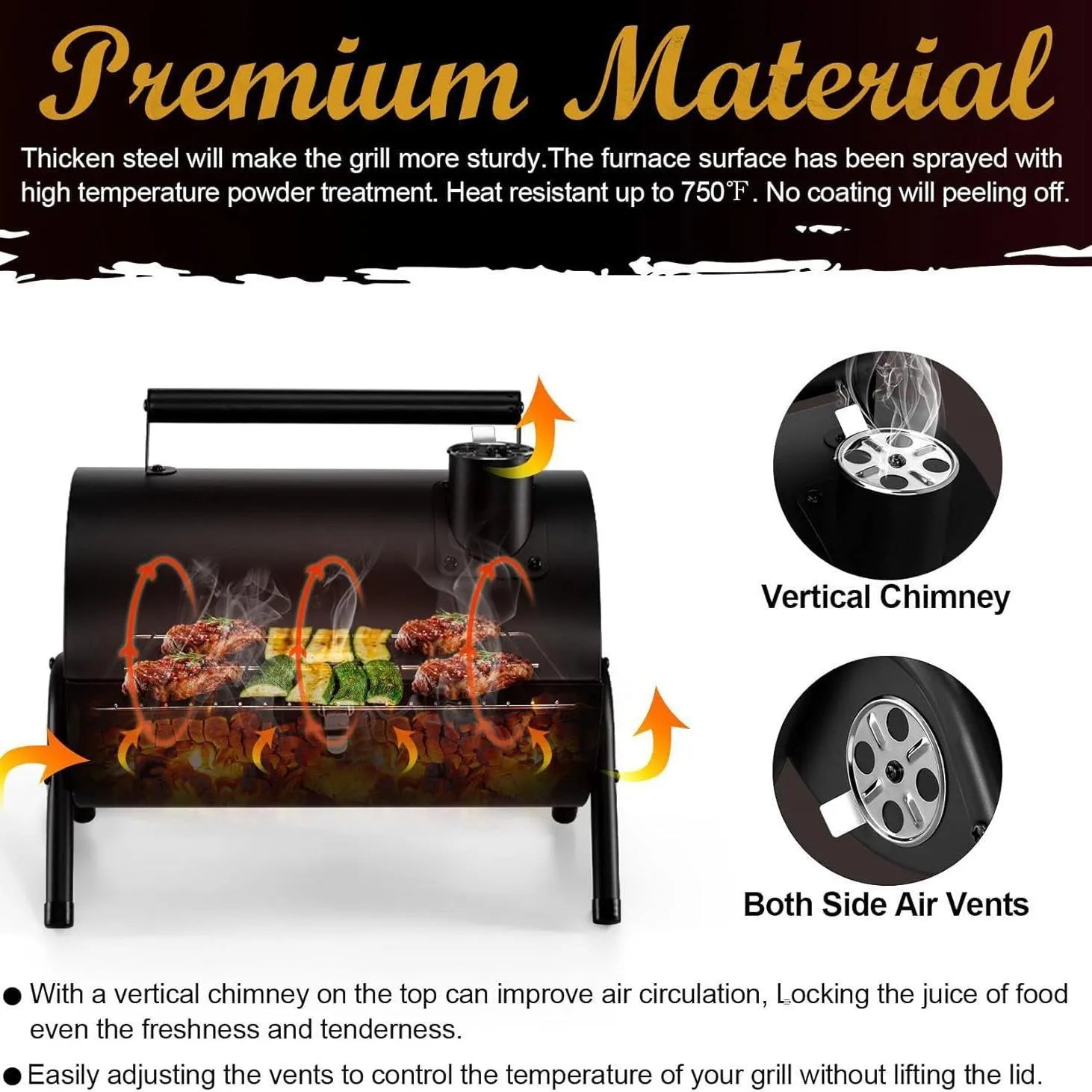 Small folding desktop charcoal barbecue grill showing compact portable design