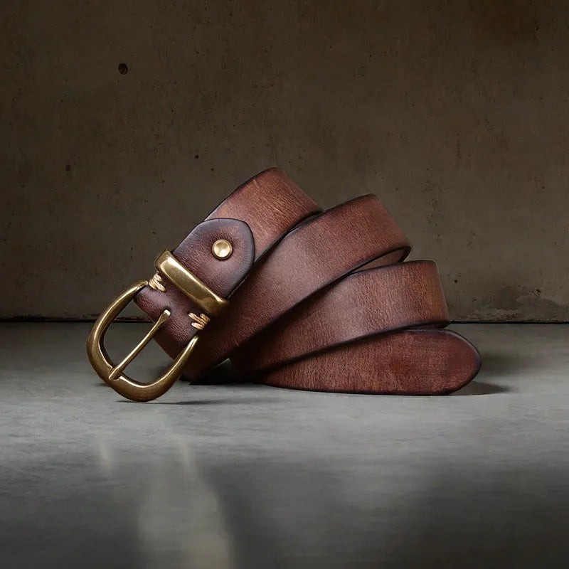 Men's genuine cowhide leather belt with copper pin buckle in black, brown, or khaki.