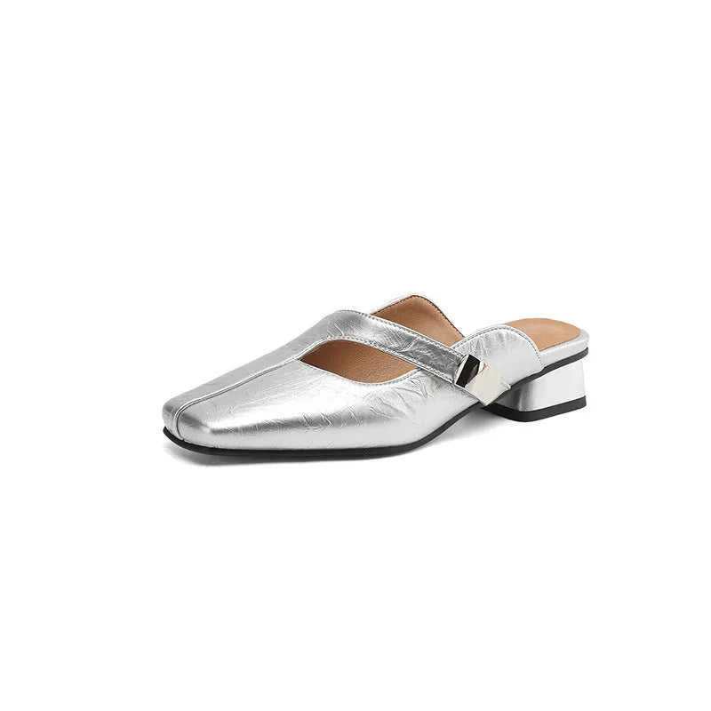 Square toe outdoor slippers in artificial PU with rubber sole available in black, beige, or silver colours