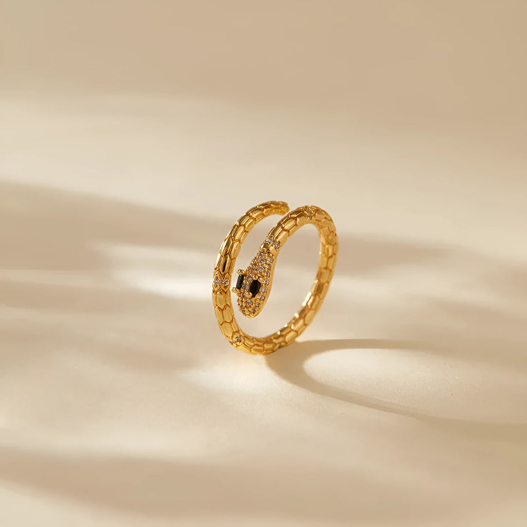 Adjustable snake finger ring with gold plating on copper and diamond treatment surface