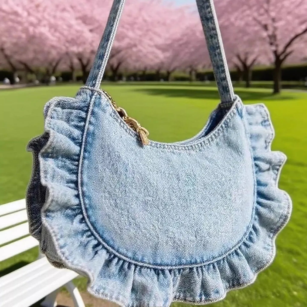 Denim blue polyester women's cross-body bag with lace pleating and stitching thread detail