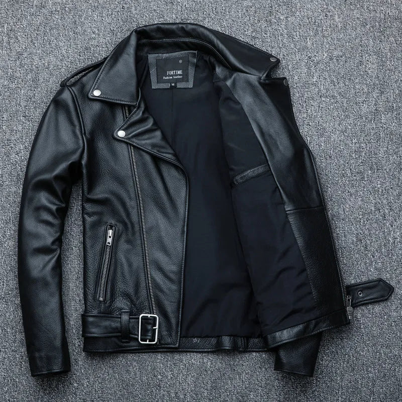 Pure cowhide biker's leather jacket in black with silver zip, front view