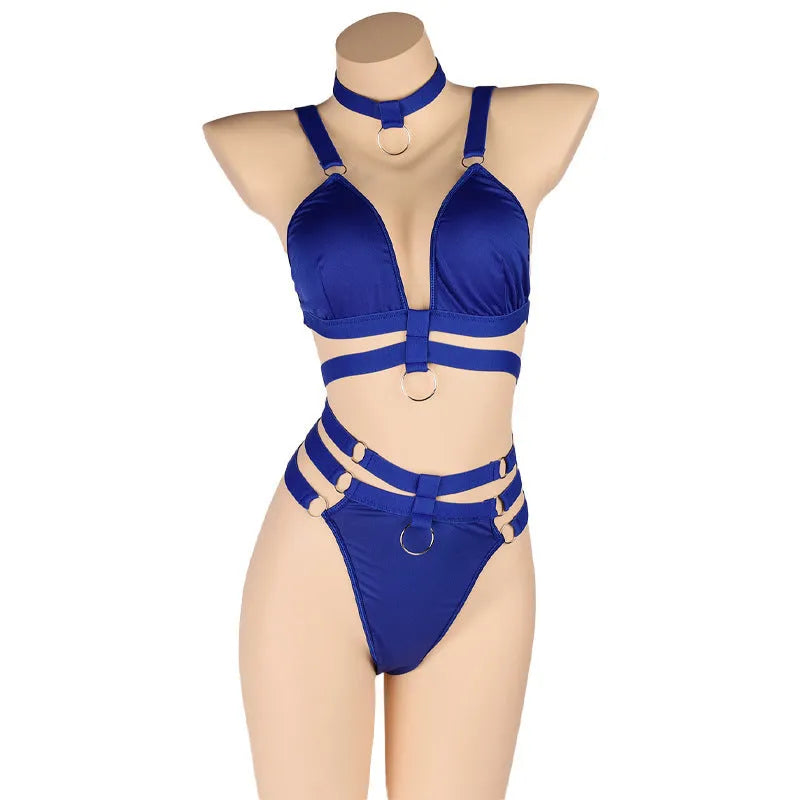 Women's bikini swimsuit set with black top and pants on white background showing front view
