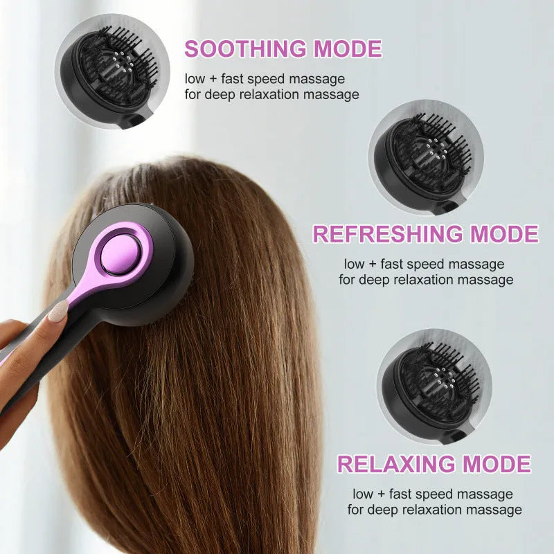 USB-powered anti-leak head massage tingler comb in black, gray, or red with mechanical speed control.