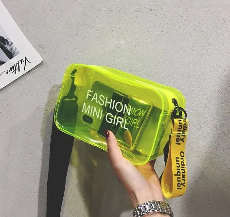 Transparent square jelly shoulder bag with adjustable strap showing internal mobile phone compartment