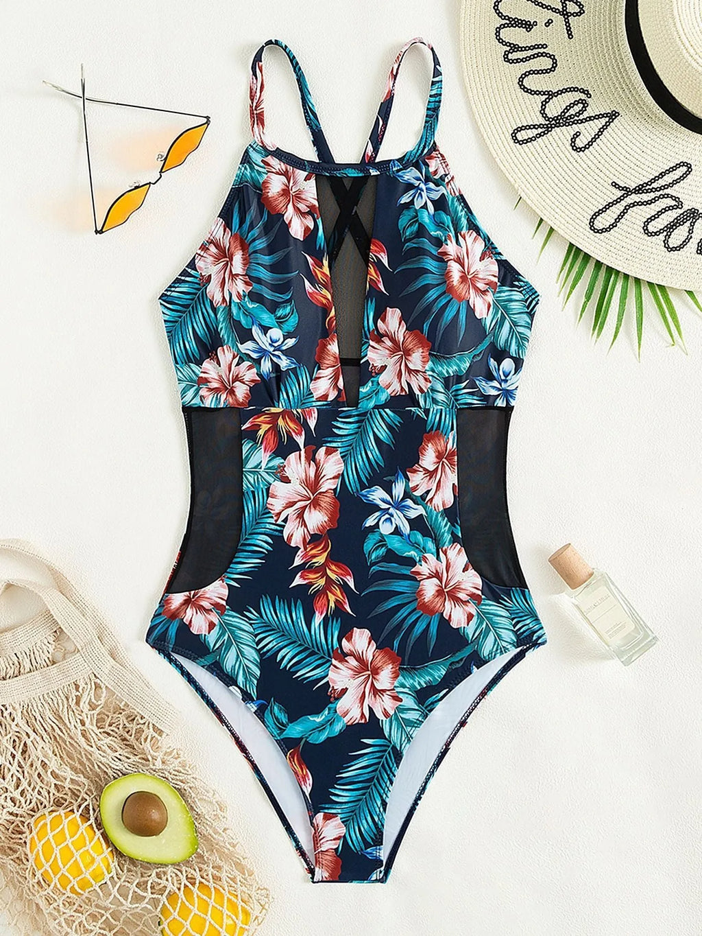 Women's deep V-neck one-piece swimsuit with a printing design