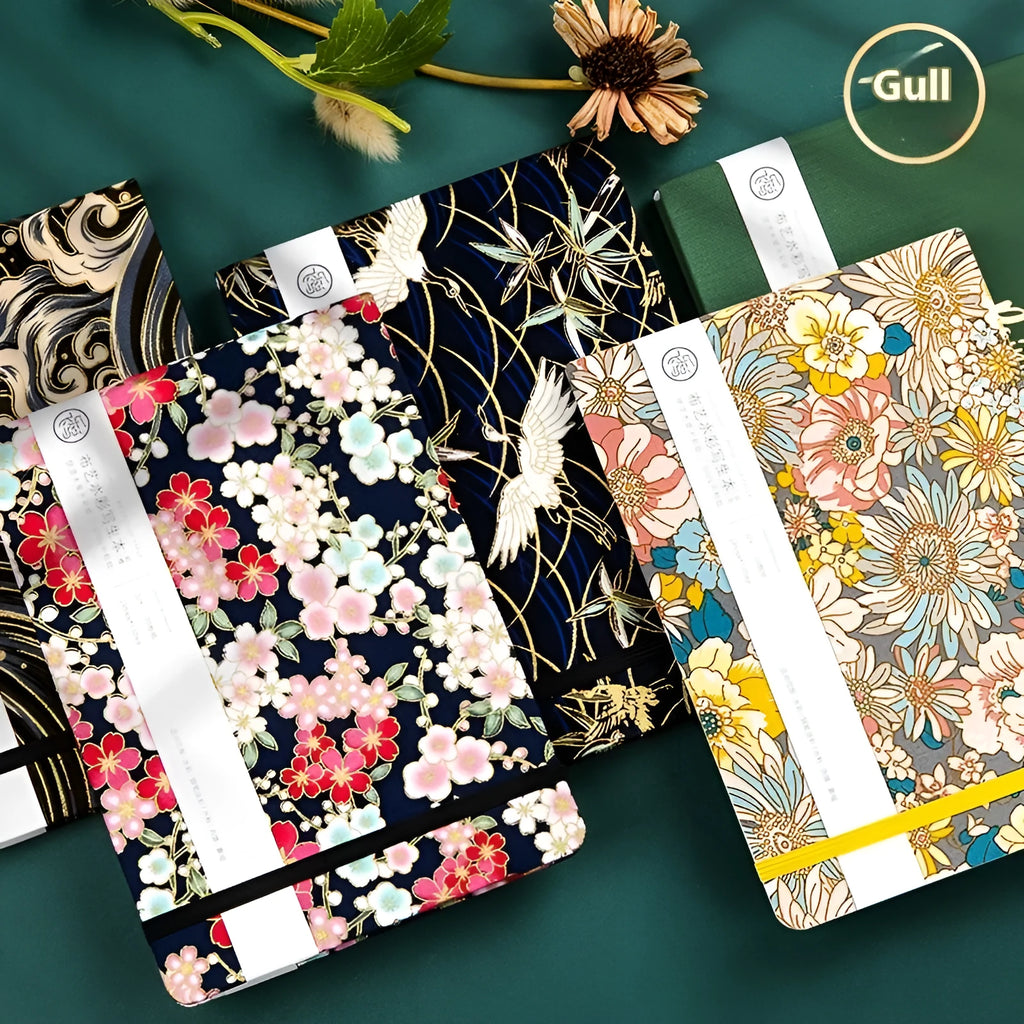 Feiluniao handmade fabric watercolour notebook showing cover design, 185mm long.