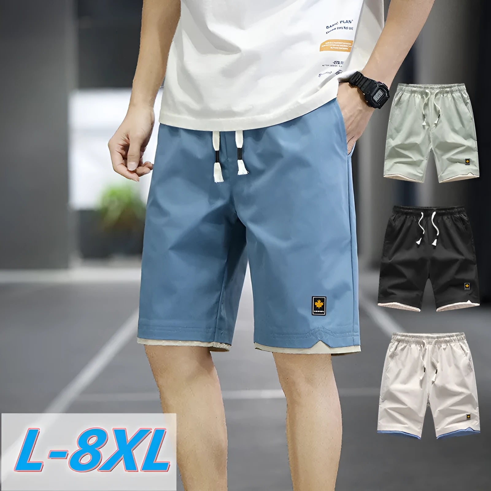 Man wearing green Korean-style loose straight-leg casual beach shorts