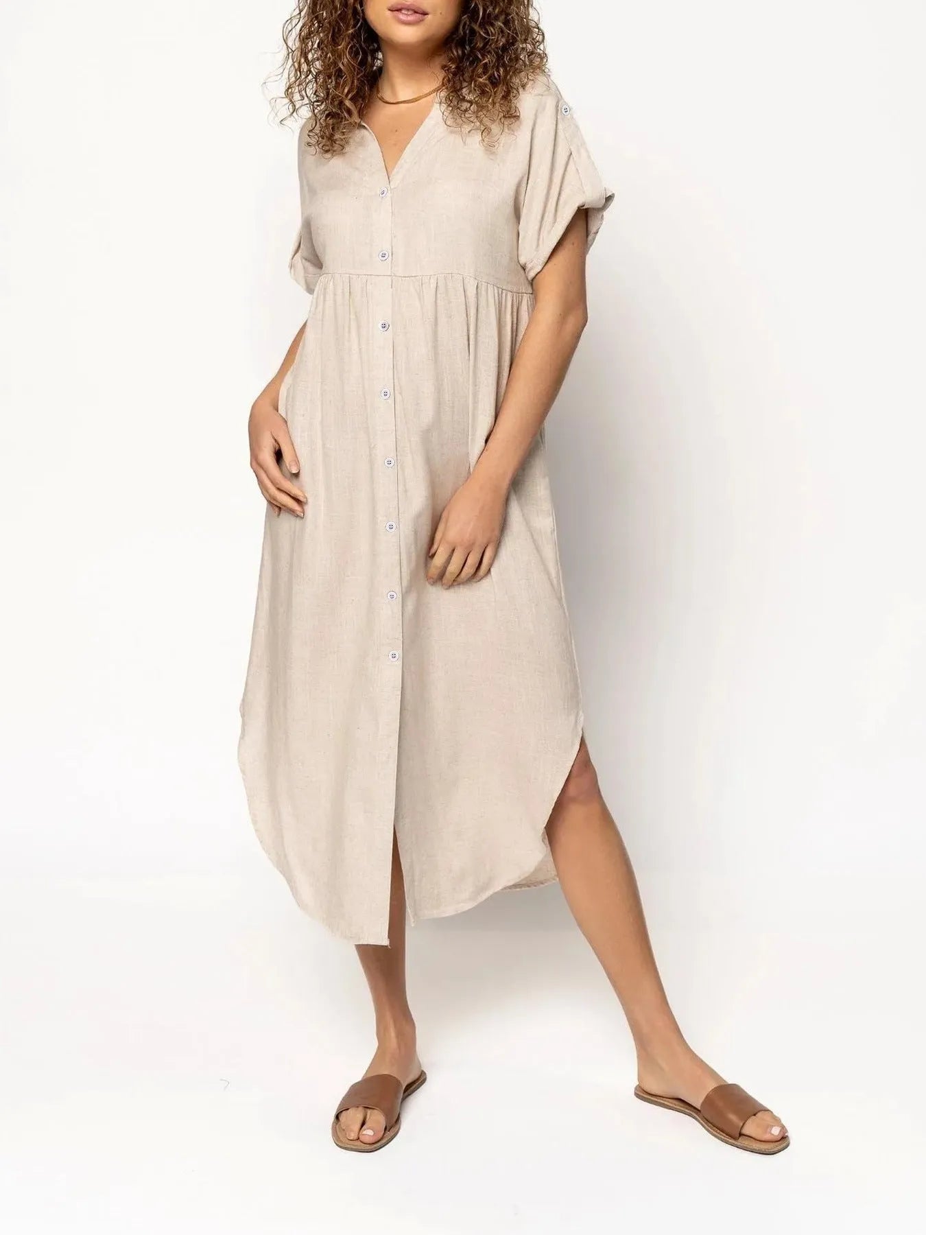 Women's casual button front mid-length dress in solid colour with regular sleeves and loose fit