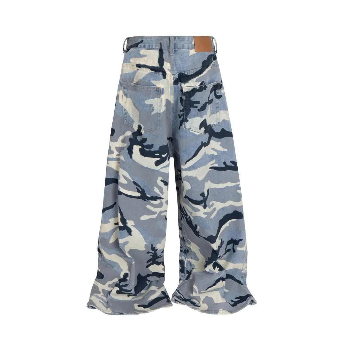 Snow camouflage blue loose fit jeans with mid waist design in cotton elastic denim fabric