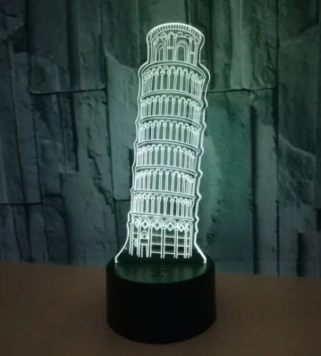 Leaning Tower of Pisa 3D acrylic nightlight with colourful LED illumination on a black base.
