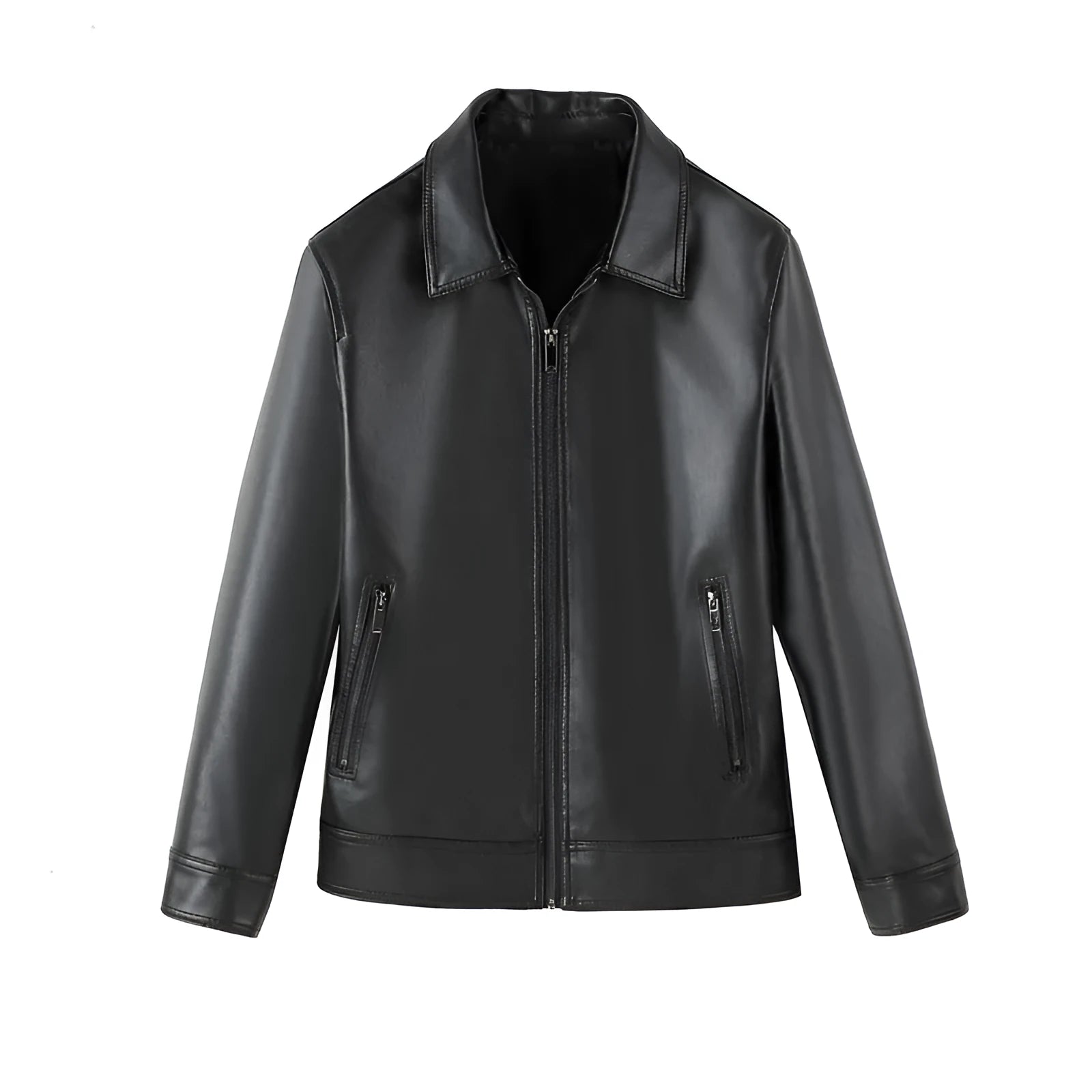 Men's solid black PU leather casual jacket with zipper pockets on a model.