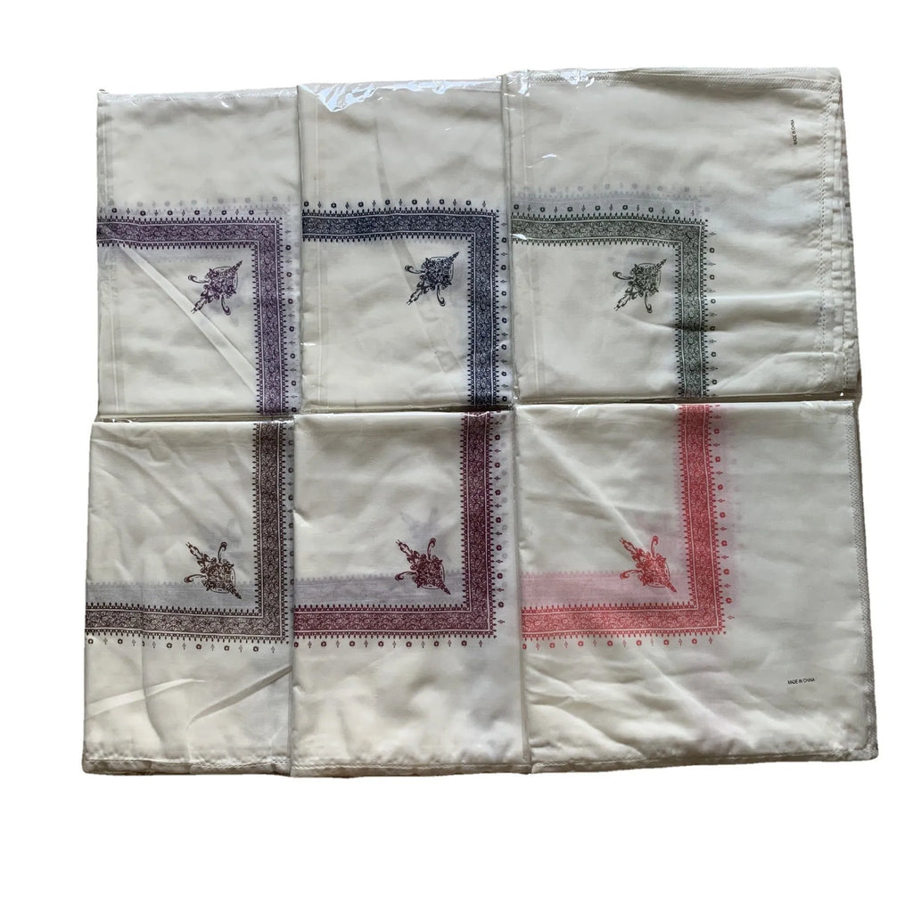 Printed polyester square scarf in brown, gray, green, purple, magenta, or navy blue, measuring 138 x 138 cm.