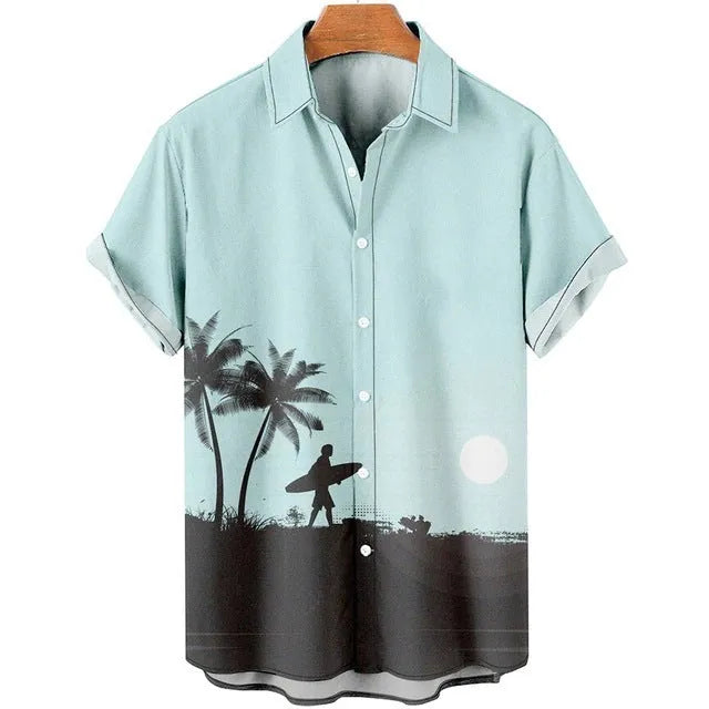 Men's slim fit short sleeve shirt with 3D floral digital printing in polyester fabric