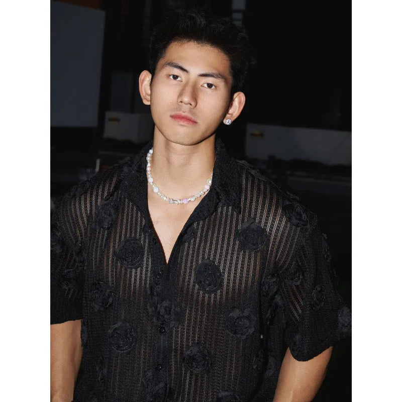 Men's plus size floral printed short sleeve shirt in black with loose fit and wool lining