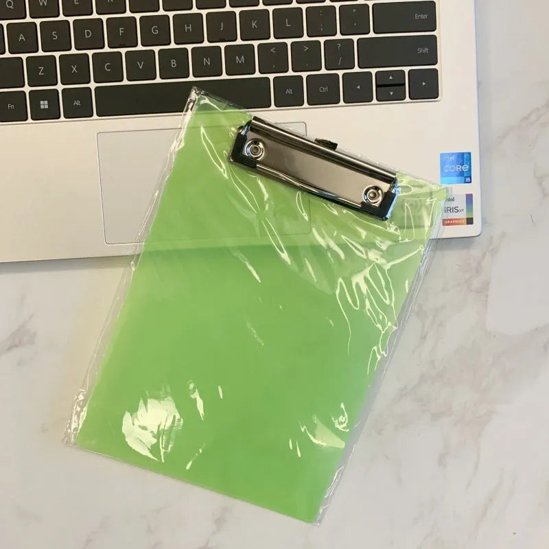 Transparent A4 plate holder with metal clip in blue, green, red, and white colour options