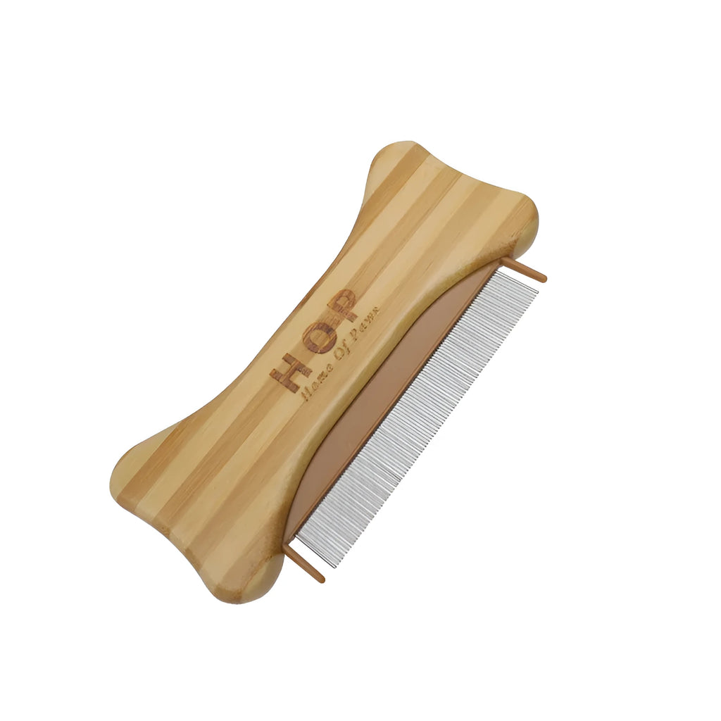 Double-sided bamboo dog comb with needle and flea comb ends, colourful dog bone handle