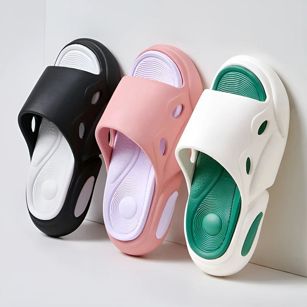 Women's and men's two-colour EVA slippers with thick soles and leather lining in pink purple, white green, or black and white options.