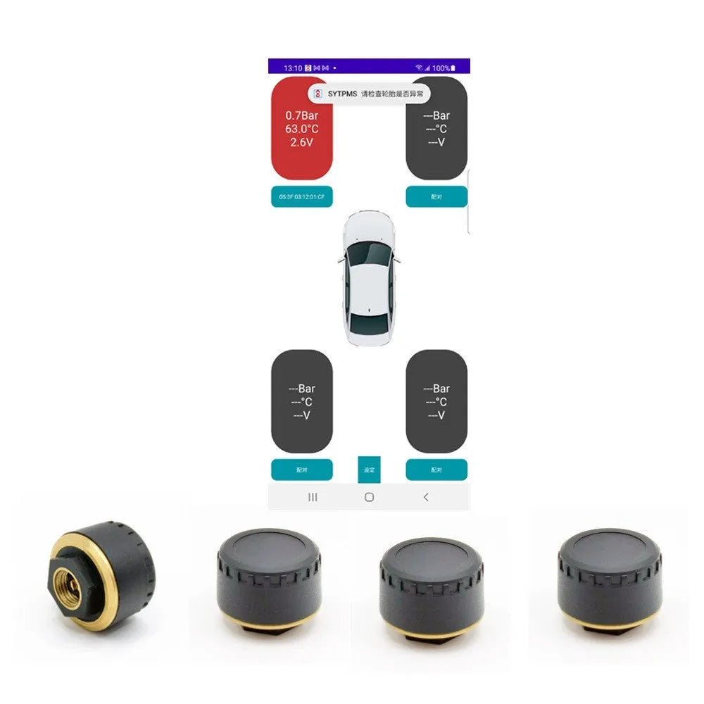 Four black Bluetooth tyre pressure monitors for mobile phone display with IP67 waterproof rating