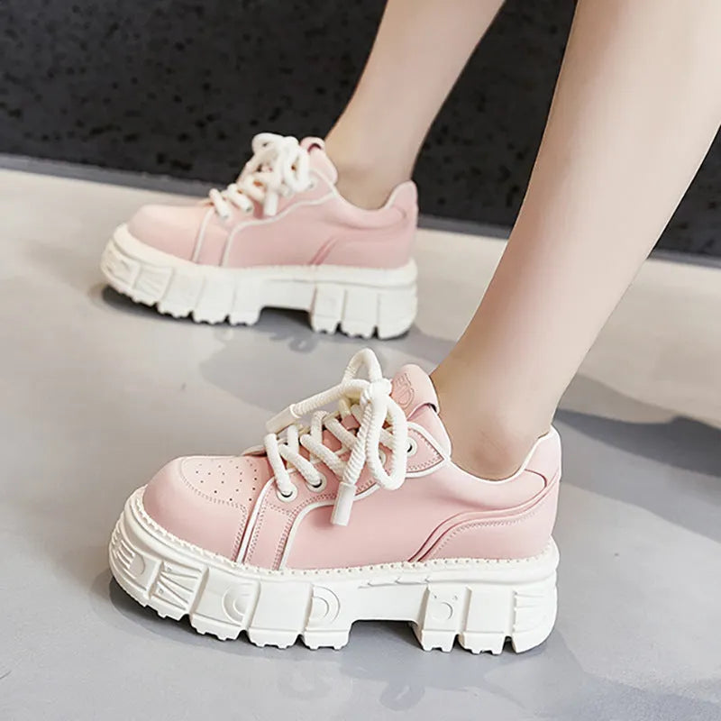 Beige leather casual shoes with muffin bottom spring design for height increase