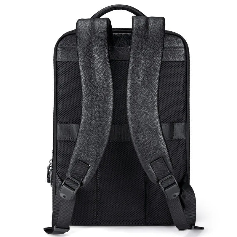 Black leather men's business computer backpack with curved shoulder straps