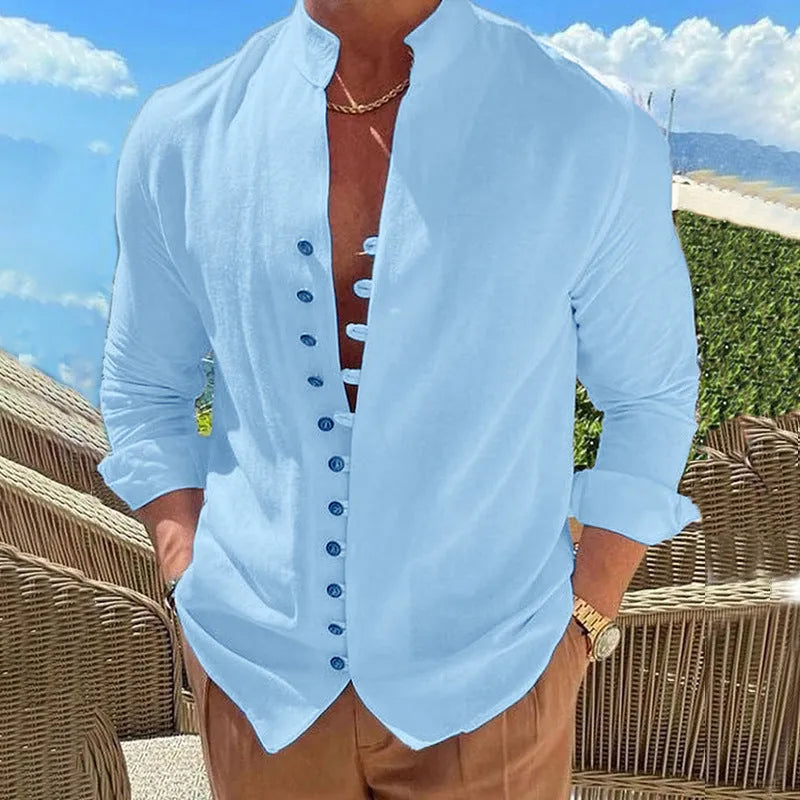 Men's casual long-sleeved loose shirt with retro buttons and standing collar in colour options