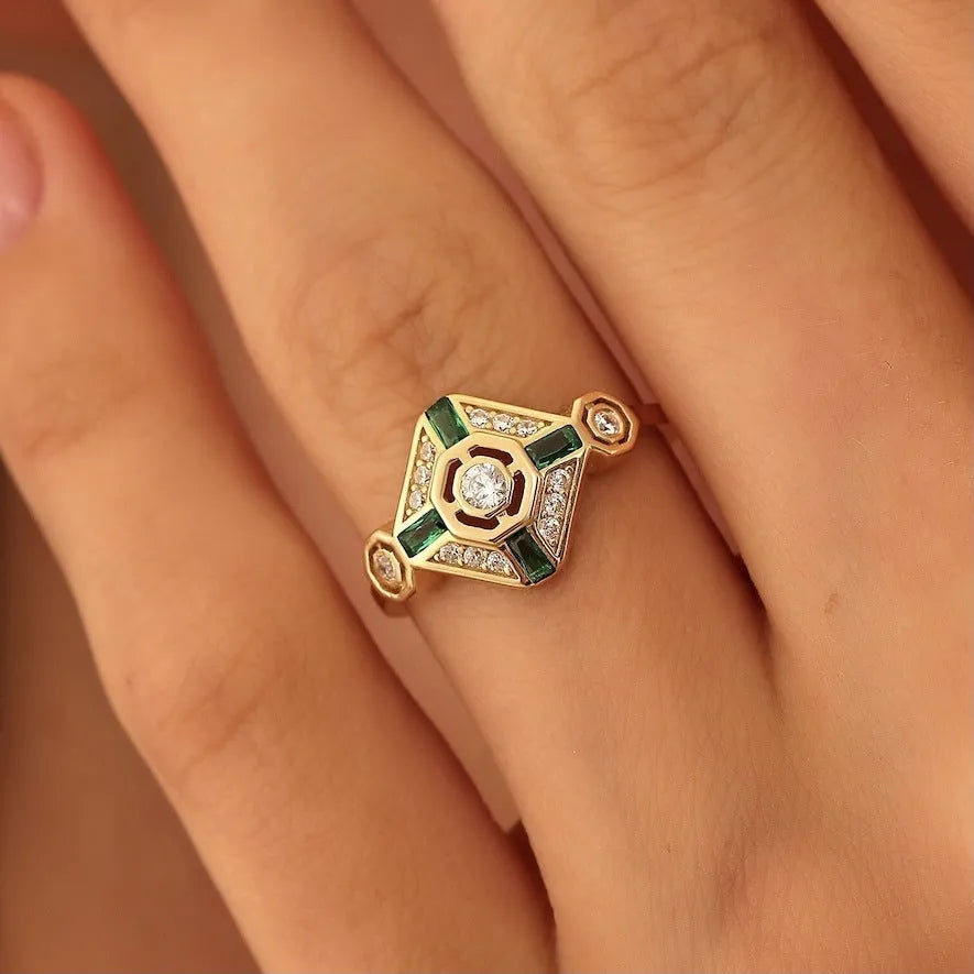 Women's emerald diamond square ring with gem setting and electroplating finish in green colour