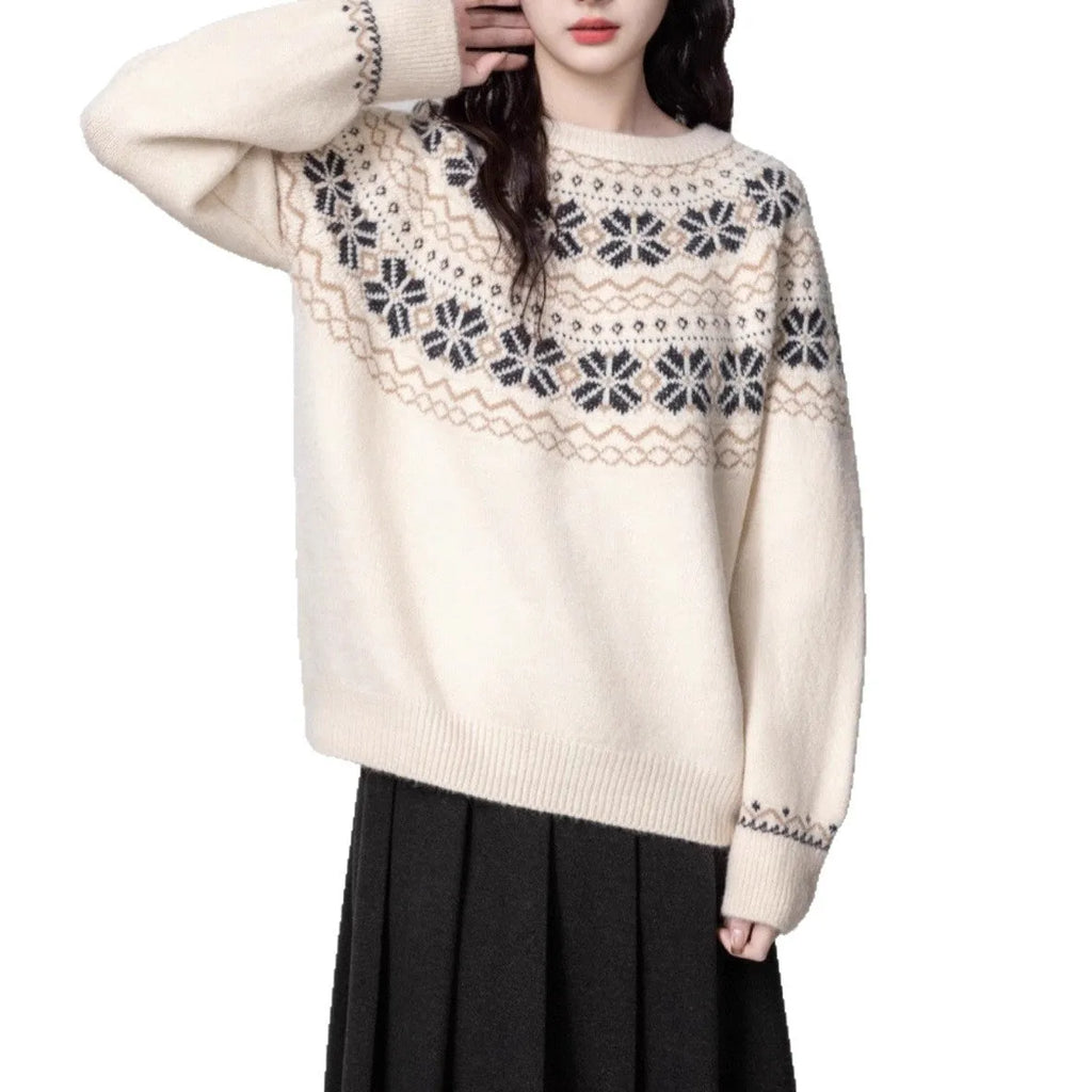 Women's milky white Fair Isle geometric pattern pullover sweater with crew neck and long sleeves