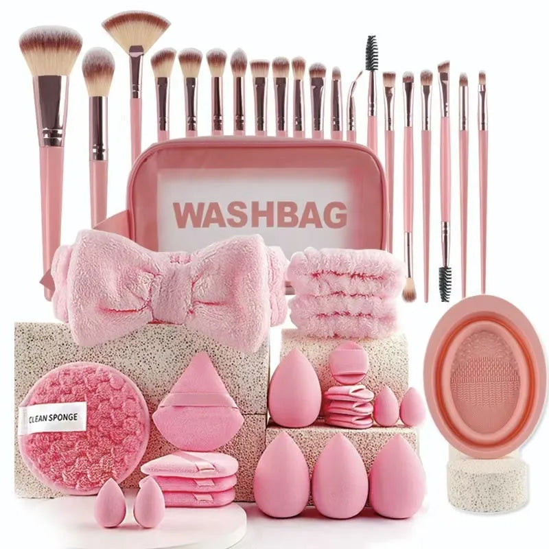 Beauty tools combination set with hydrophilic non-latex sponges in brown, pink and purple colour options