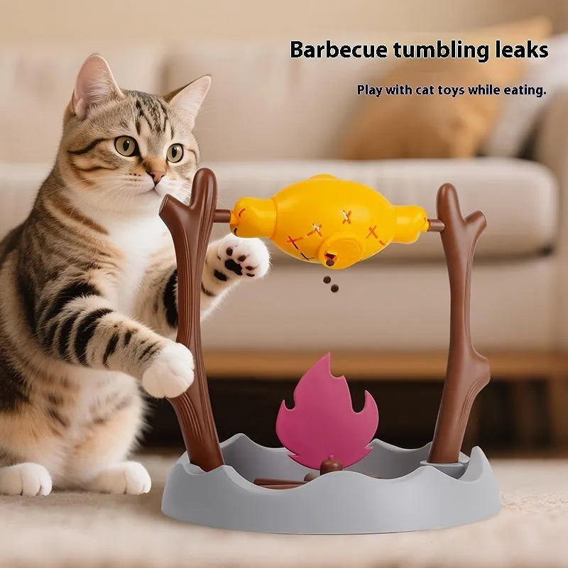 Tumbling cat food feeder toy with treats inside, showing 30cm dimensions