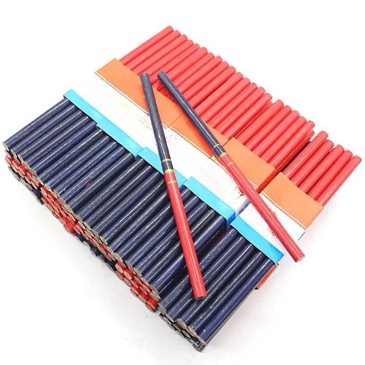 Pack of 10 red and blue two-colour wooden carpenter's pencils with round barrels.