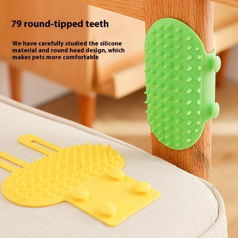 Silicone cat massage comb with rounded teeth and adjustable strap for table legs