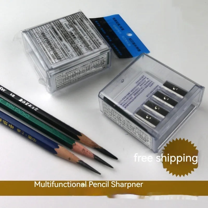 Four-hole geometric plastic pencil sharpener with included screwdriver on a white background.