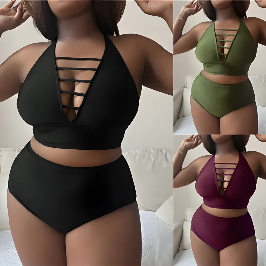 Plus size halter bikini set with adjustable straps and high waist briefs in solid colour