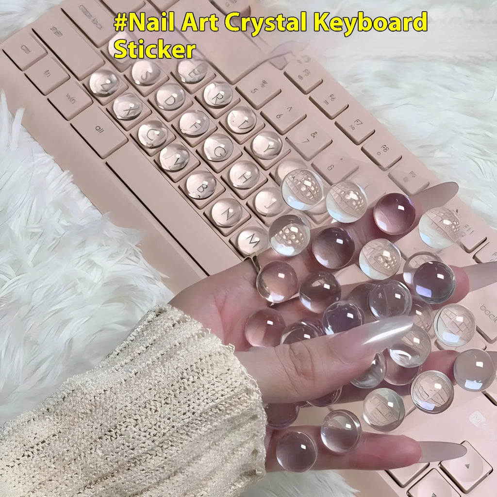 Set of PVC crystal glass ball keyboard stickers in 12x6mm size on a keyboard showing raised transparent domes