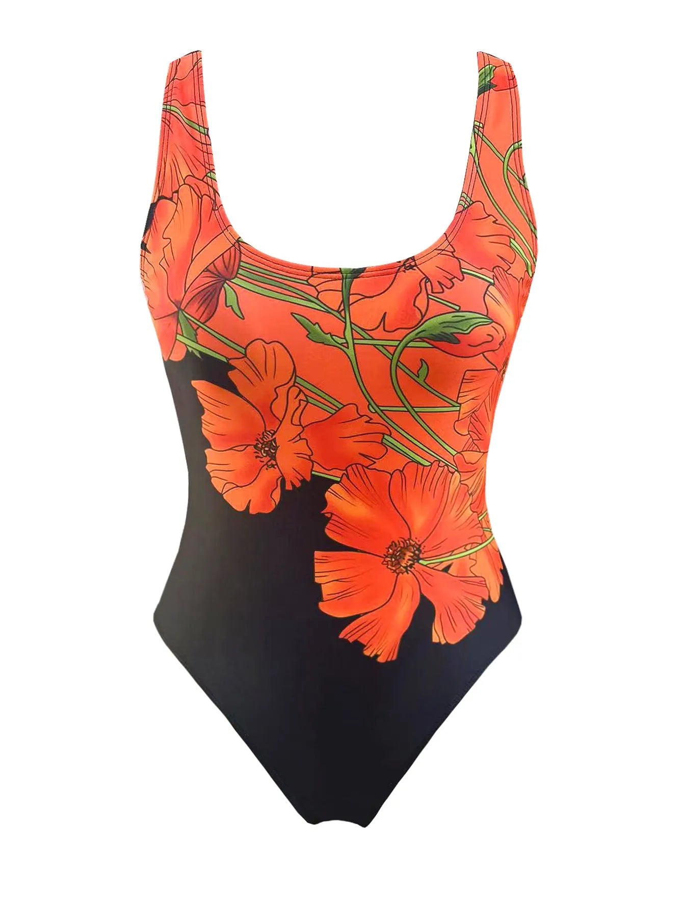 Women's orange floral print backless one-piece swimsuit on a model