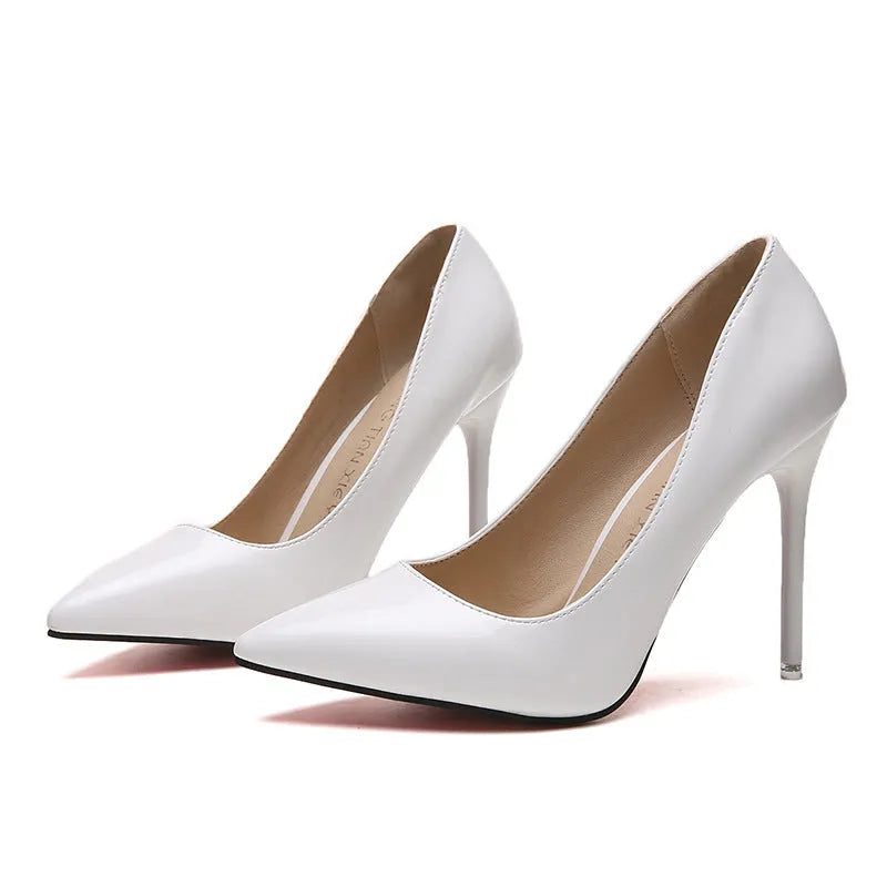 Women's pointed toe stiletto high heel pumps with 8cm+ heels in six colour options