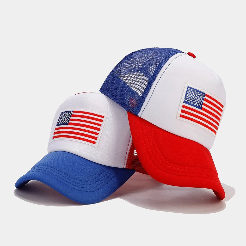 Red and blue contrast baseball cap with mesh breathable crown and adjustable strap
