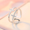 Women's adjustable open ring with geometric design, zircon stone inlays, and white gold finish